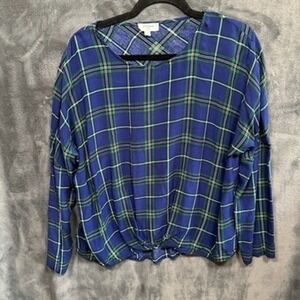 Umgee Women's Plaid Top Blue Green White Long Sleeve‎ Tie Front Size L
